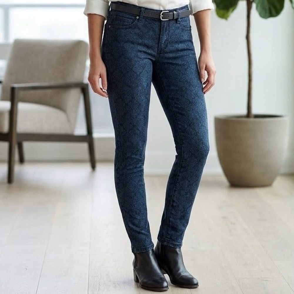 Seven7 High Rise Skinny Jeans Dark Wash Tonal Damask Print Boho Rare Print 8